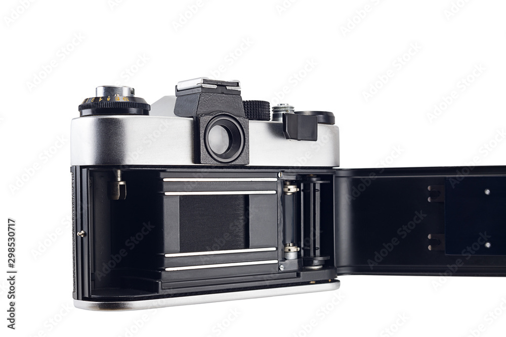 old vintage film camera isolated on white background, rear side, shutter