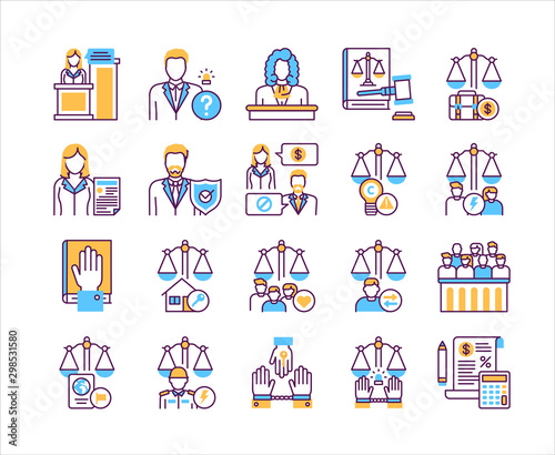 Law and justice line color icons set. Type of court. Judiciary concept.