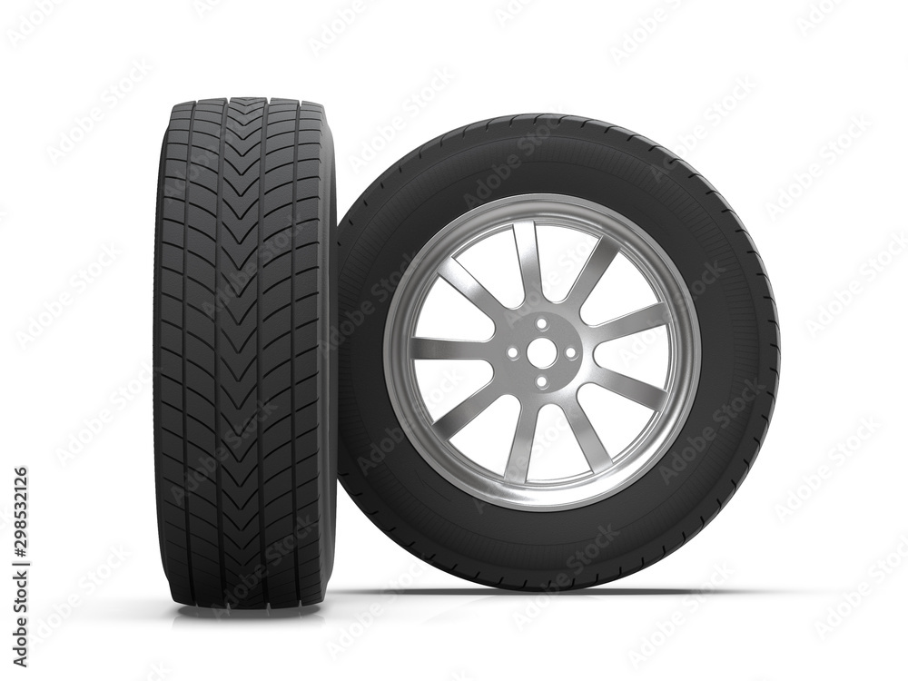 Preparation of the image of automobile wheels for promotional products. Car tires on alloy wheels. 3D illustration.