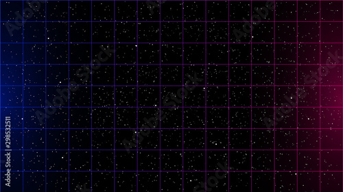 Retrowave blue pink gradient laser grid on starry space background with side lights.