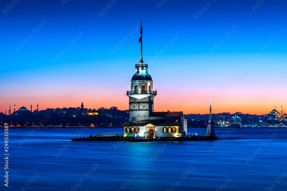 Maiden's tower at night in istanbul, Turkey.