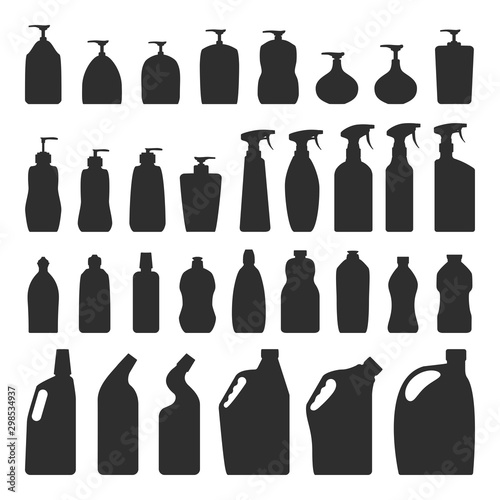 Vector set of 32 detergent bottles. Household cleaning tools - soaps  sprays  antiseptics  laundry and dish washes silhouettes collection. Fully editable containers signs for your own projects.