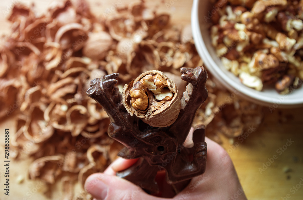Cracking Walnut Nutcracker In Hand On The Background Of The Slides Of The Shell Of Nuts Stock 写真 Adobe Stock