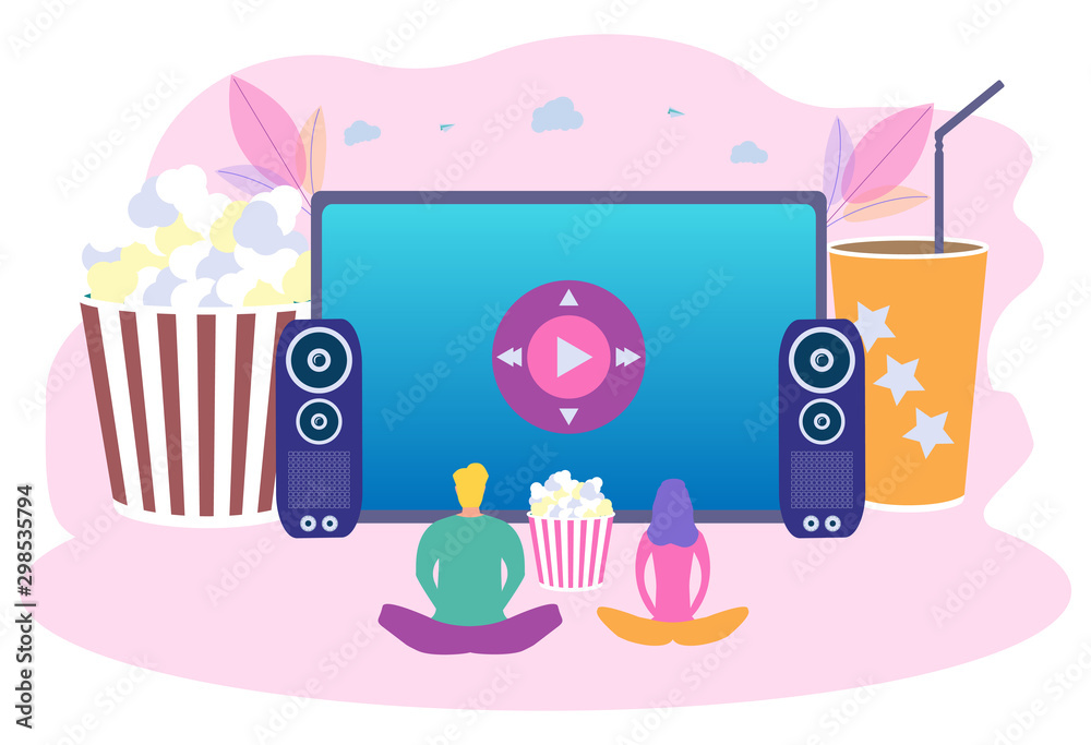 People watch a movie. Home cinema. Cinema advertising. Bucket for popcorn, film strip and reel. Filmmaking banner. Film premiere of the show. Colorful vector illustration