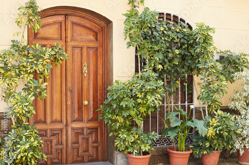 Wooden front door and gate in an ancient house decorated with flowers