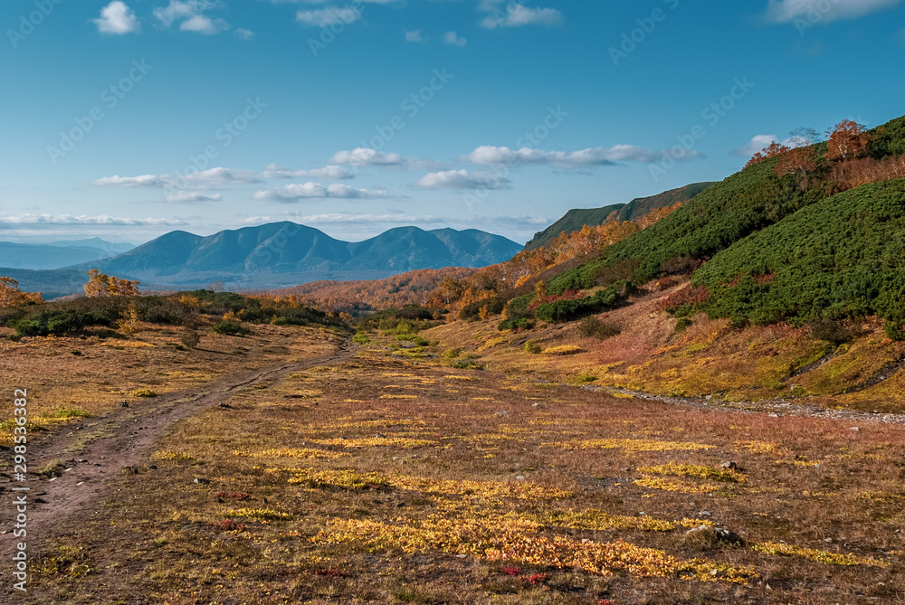 background of yellow autumn mountains and fields
