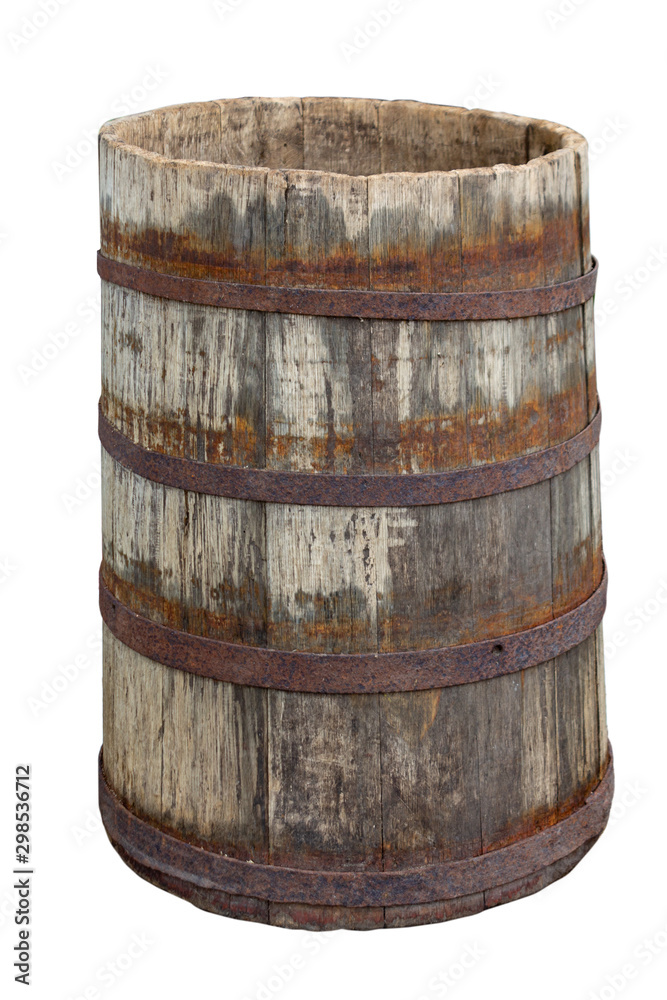 old wooden barrel with metal rings isolated on white background old wooden barrel with metal rings isolated on white background
