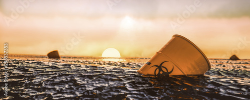 Canvas Print Barrel of radioactive and biological waste into the sea, nature pollution, pollution of the ocean and the sea