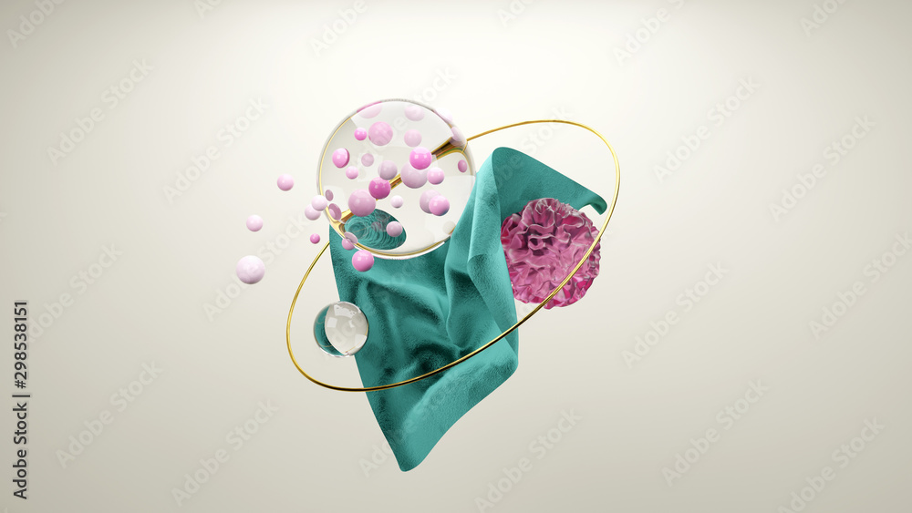 Colorful abstract 3d rendered background with spheres and fabric