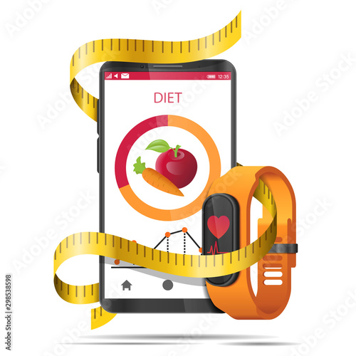 Concept diet app with measure tape, smartphone and fitness watch realistic