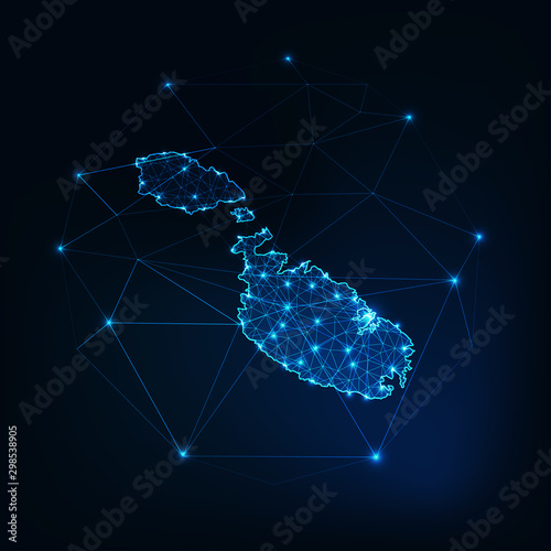 Malta map glowing silhouette outline made of stars lines dots triangles, low polygonal shapes.