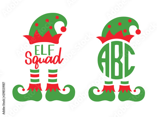 Cute elf squad monogram frame vector illustration. Christmas elf hat and boots. photo