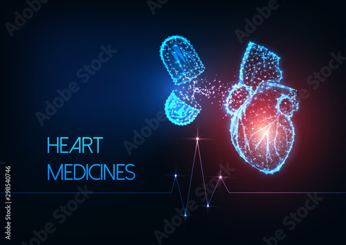 Futuristic glowing low polygonal human heart and capsule pills medications on dark blue background.