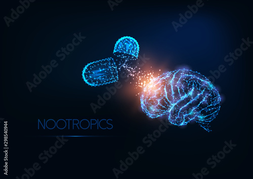 Futuristic gloving low polygonal human brain and medicines capsules on dark blue background.