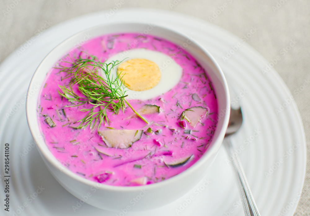 Traditional Latvian dish - cold soup with kefir, beet, cucumber, radish, green onion, parsley, dill and half of egg in a white bowl Traditional Latvian dish - cold soup with kefir, beet, cucumber, radish, green onion, parsley, dill and half of egg in a white bowl