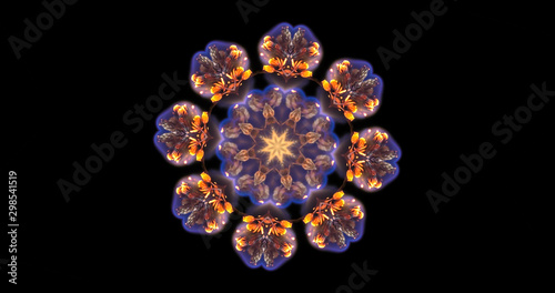 Bright colored abstract background kaleidoscope closeup of the fiery flower