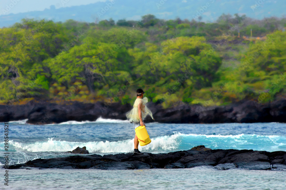 Net Fisherman Stands on Lava Outcrop