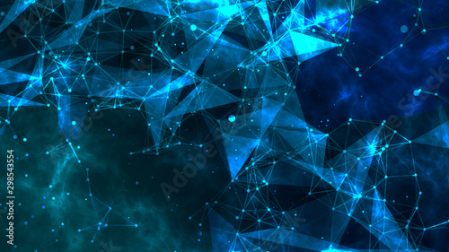 Abstract polygonal space low poly blue background with connecting dots and lines. Futuristic HUD illustration. Abstract form with connected lines and dots. 3D rendering