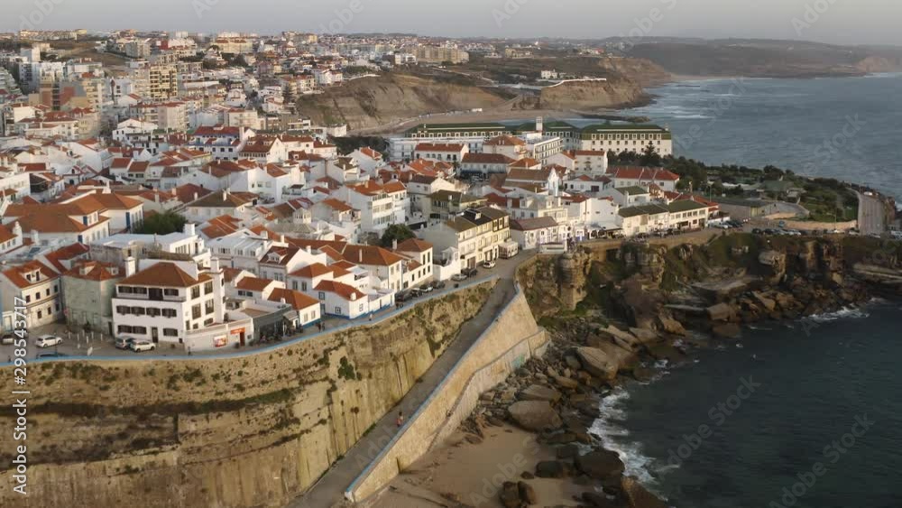 Ericeira village beach and cityscape in Portugal, Europe, 4k aerial drone view Ericeira village beach and cityscape in Portugal, Europe, 4k aerial drone view