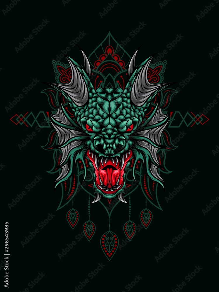 Sea dragon head vector illustration with mandala as the background ornament, suitable for apparel merchandise, t-shirt or outerwear.