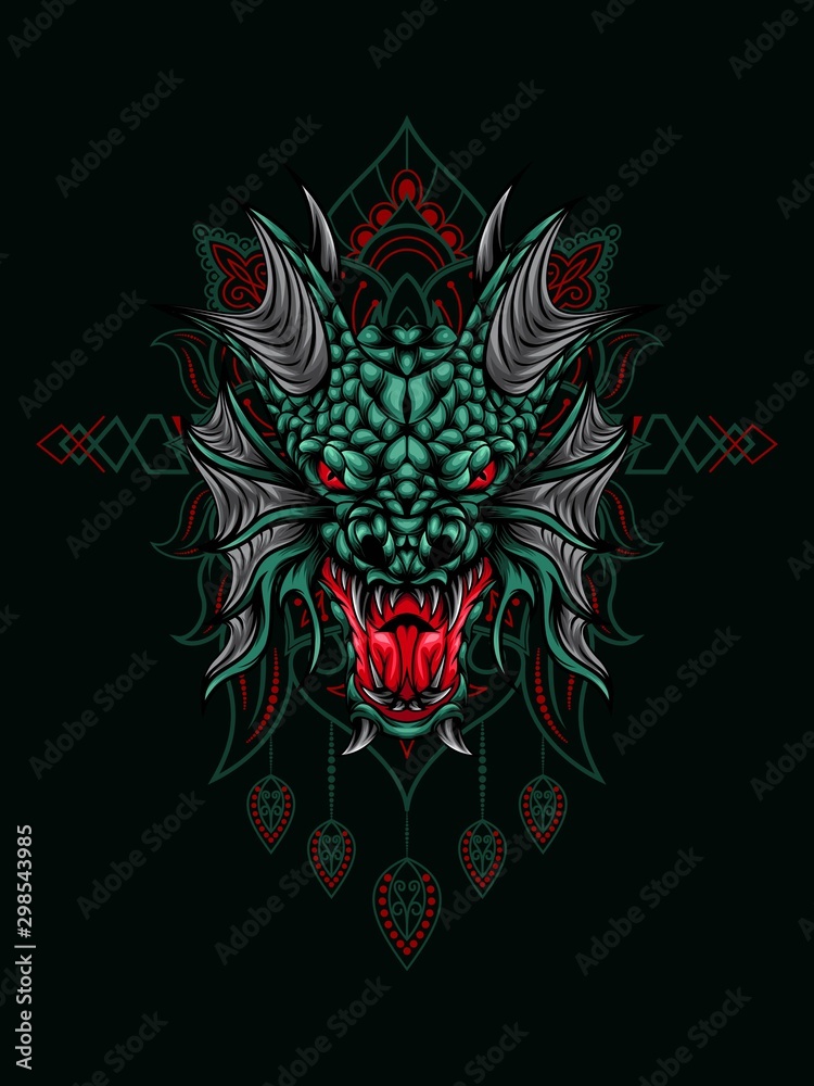 Sea dragon head vector illustration with mandala as the background ornament, suitable for apparel merchandise, t-shirt or outerwear. Sea dragon head vector illustration with mandala as the background ornament, suitable for apparel merchandise, t-shirt or outerwear.