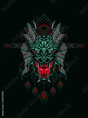 Sea dragon head vector illustration with mandala as the background ornament, suitable for apparel merchandise, t-shirt or outerwear.