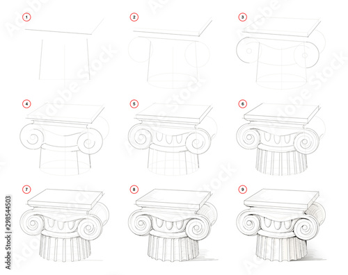How to draw step-wise antique column in ancient Greek architecture. Creation step by step pencil drawing. Educational page. School textbook for developing artistic skills. Hand-drawn vector image.