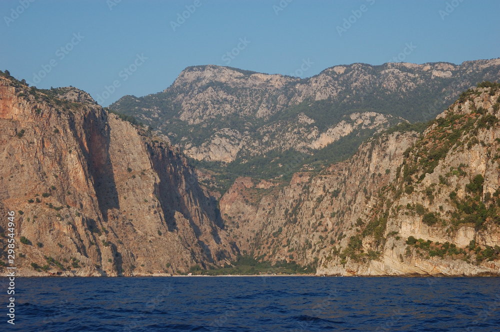The full view of the Butterfly valley (Kelebekler Vadisi) in Turkey from the sea