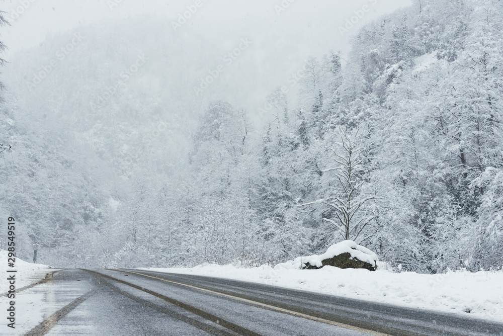 Snowy road scene in winter, with snowy trees, rocks and asphalt road. Snowy road scene in winter, with snowy trees, rocks and asphalt road.