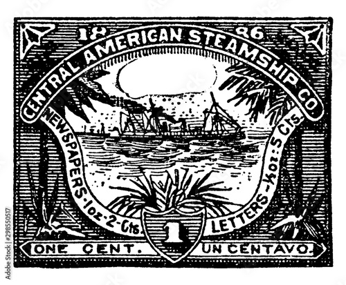 Photo Central American Steamship Company One Cent Stamp in 1886, vintage illustration