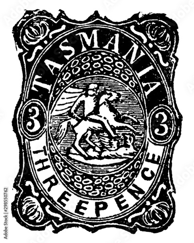 Tasmania Three Pence Revenue Stamp in 1882, vintage illustration.