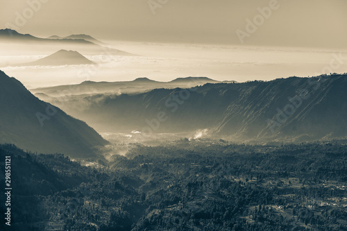 The village near the Bromo vocano group is covered with beautiful fog in the morning.