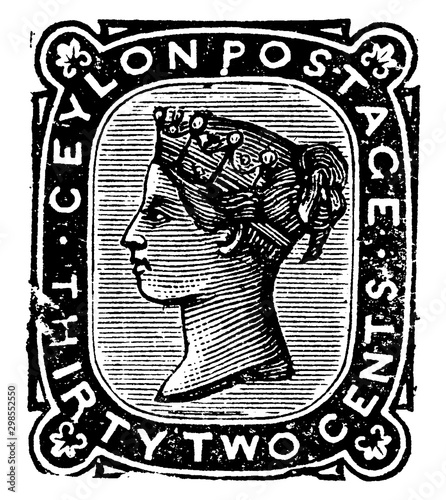 Ceylon Thirty Two Cents Stamp in 1872, vintage illustration.