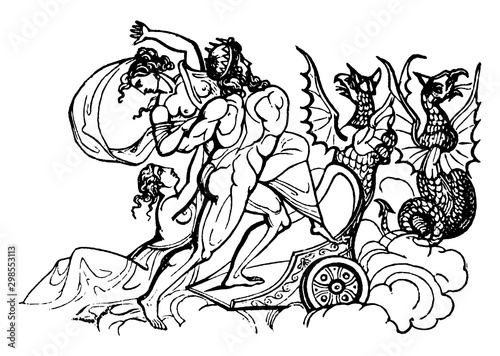 Pluto abducts Proserpina vintage illustration.