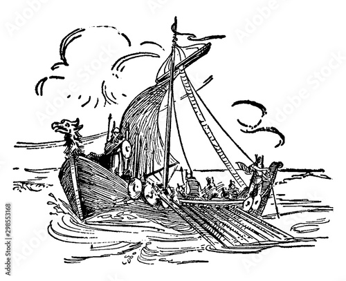 War Galley, vintage illustration.