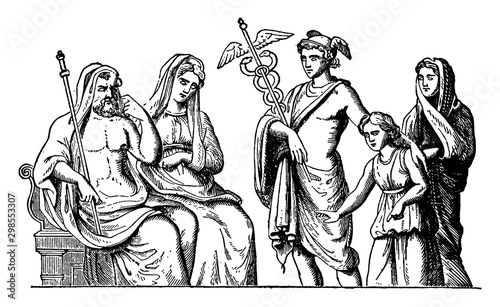 Pluto, Persephone, and Mercury vintage illustration.