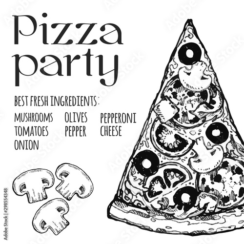 Vector drawing, pizza, table, organic food ingredients. Hand drawn pizza illustration. Great for menu, poster or label.