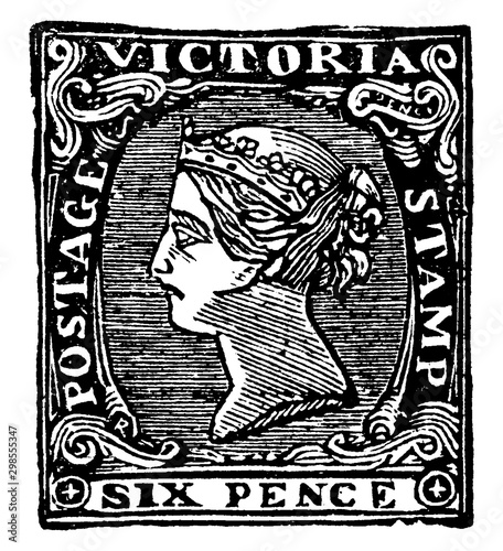 Victoria Six Pence Stamp from 1854 to 1858, vintage illustration.