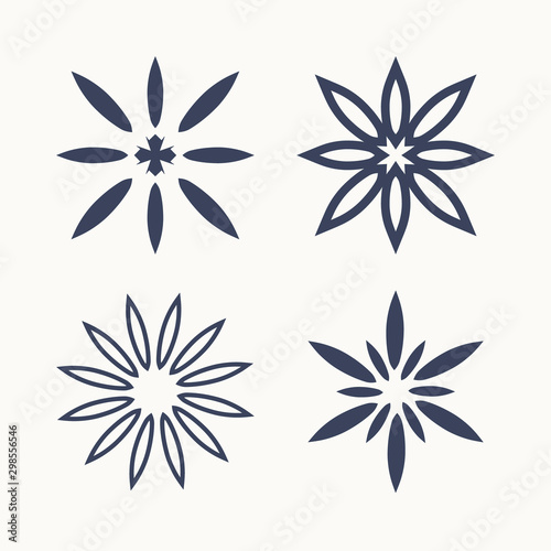 Set of four simple star templates. The shape typed from the laconic rays of the petals is possible plotter cutting.