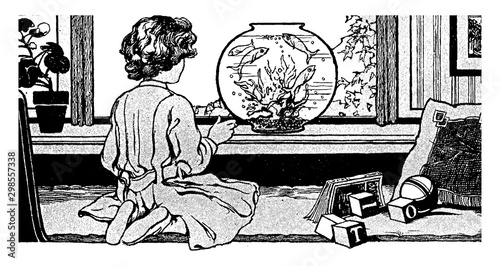 Girl and fishbowl, vintage illustration.