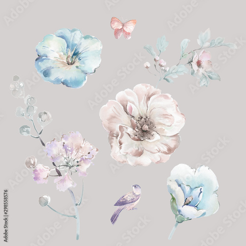 Watercolor floral spring pattern, botanical illustration