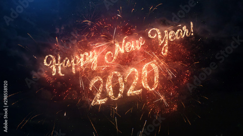 2020 Happy New Year greeting text with particles and sparks on black night sky with colored fireworks on background, beautiful typography magic design.