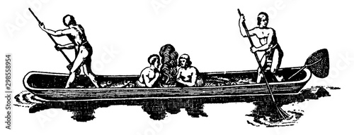 Dugout Canoe, vintage illustration.
