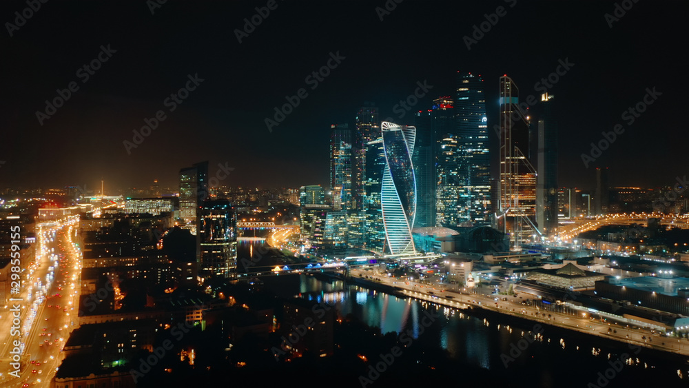 custom made wallpaper toronto digitalBeautiful view from above to Moscow City Center on the night with bright glittering lights of buildings, streets and traffic. Camera slowly moves towards skyscrapers showing amazing cityscape.