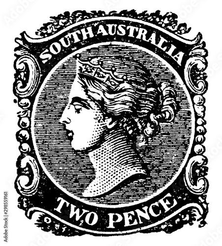 South Australia Two Pence Stamp from 1867 to 1868, vintage illustration.