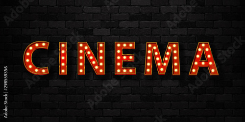 Vector realistic isolated marquee sign of Cinema typography logo for template decoration and covering on the wall background. Concept of show and director.