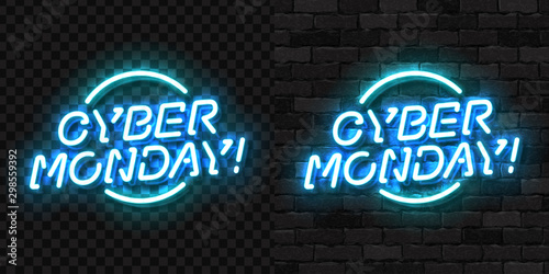 Vector realistic isolated neon sign of Cyber Monday logo for template decoration and covering on the wall and transparent background. Concept of electronics market, sale and discount.