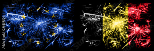 Eu  European union vs Belgium  Belgian new year celebration sparkling fireworks flags concept background. Combination of two states flags.