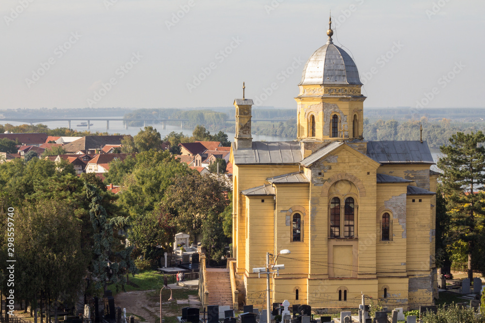 Panorama of Zemun from the Gardos Hill with the Zemun cemetery and the Saint Dimitri Church in front (Crkva Svetog Dimitrija) with typical orthodox graves and tombs