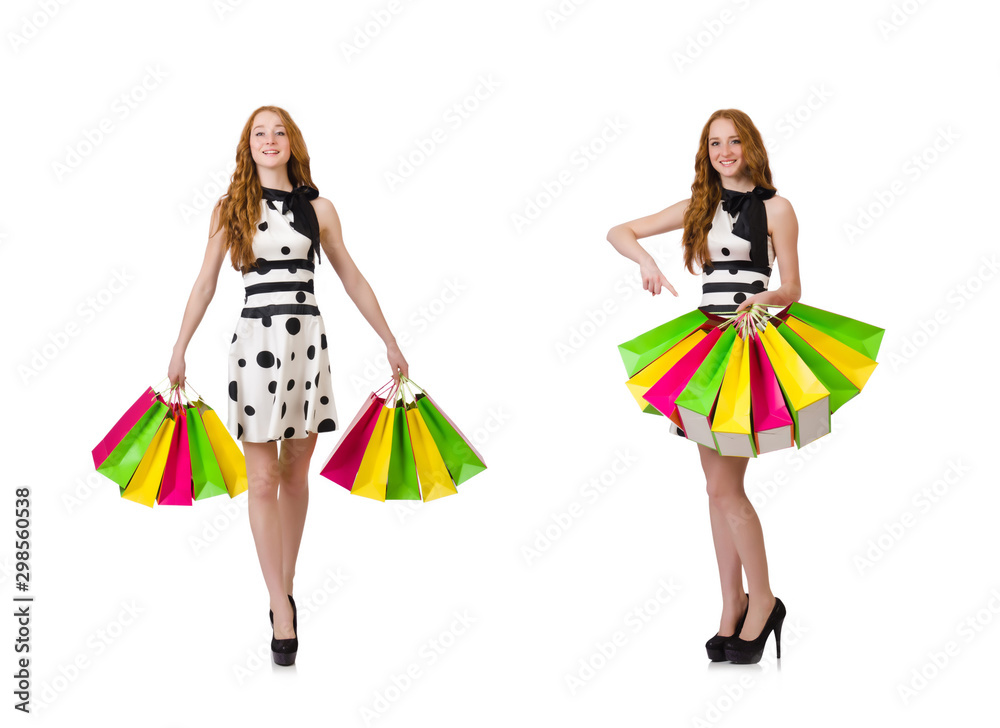 Young woman with shopping bags on white Young woman with shopping bags on white